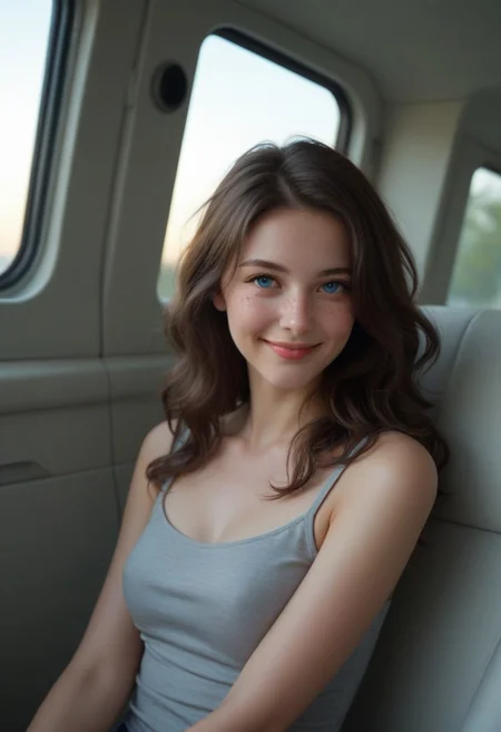 on bus, tour bus, coach bus, girl sitting on seat, beautiful girl, side view, detailed eyes, dramatic lighting, look at viewer, smiling, blue eyes, reddish-brown hair, wavy hair, tousled hair, casual bluse, puffy eyes, freckles, window next to her, passenger point of view, perky breasts, small cleavage, shy-inviting look, love atmosphere, tight gray top, fake plug, focus on face, 1 girl, casual streetwear, facev2