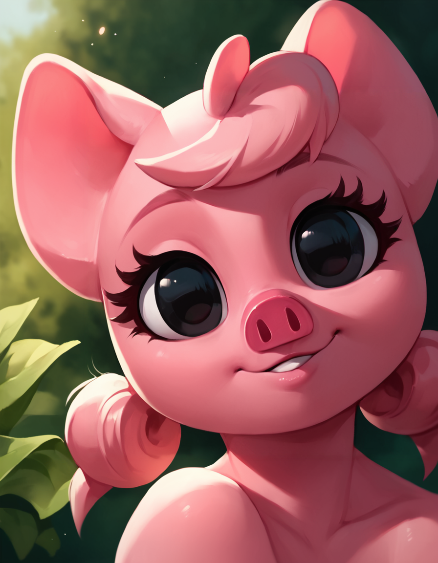 score_9,score_8_up,score_7_up,score_6_up,
outdoors,
head tilt, 
headshot,seductive smile,parted lips,long eyelashes,happy, 
<lora:Mina_v01_PDXL:1>,
Mina,1girl,solo,furry female,pink hair,pig ears,low ponytails,black eyes,animal nose,pink skin,
<lora:add-detail-xl:1>,