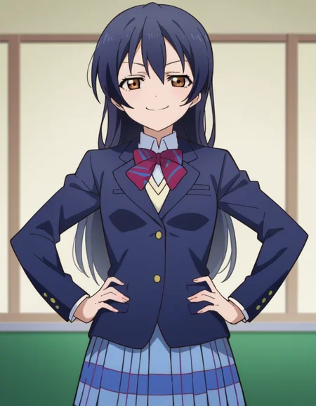 score_9, score_8_up, score_7_up, source_anime, <lora:umi-sonoda-s1-ponyxl-lora-nochekaiser:1>, umi sonoda, long hair, bangs, hair between eyes, brown eyes, blue hair,, skirt, school uniform, jacket, blazer, winter uniform, otonokizaka school uniform,, indoors, smug, smile, looking at viewer, solo, hands on hips,, cowboy shot, dutch angle