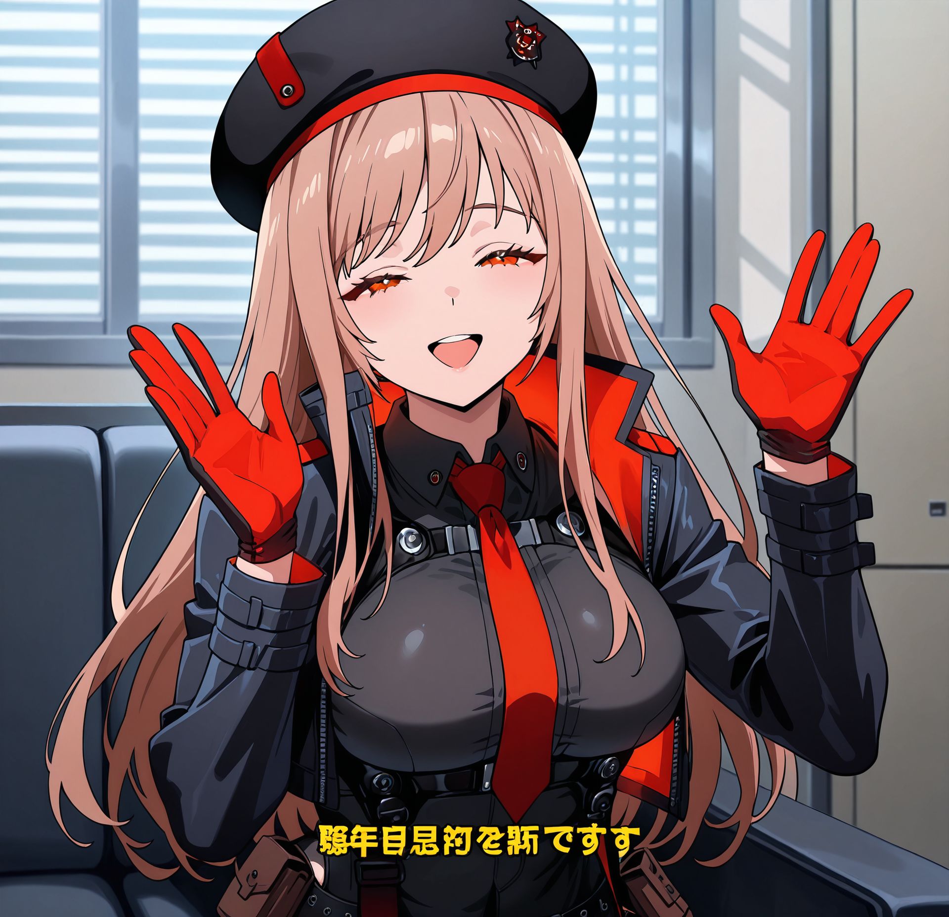 masterpiece, best quality, newest, absurdres, highres, detailed eyes, beautiful, detailed background, perfect eyes, anime coloring, anime screencap,
<lora:rapi_IL:1>
1girl,  rapink, contelys outfit, light brown hair, long hair, long sleeves, orange eyes, gloves, thighhighs, hat, large breasts, jacket, thighs, open clothes, necktie, belt, open jacket,  leotard, beret, red necktie, black leotard, cropped jacket, red gloves, pouch, two-tone gloves,upper body, 
<lora:My_dad_got_the_MVP:0.6>My dad got the MVP,Reach out,
Got the MVP, (Hands raised with palms) facing outward,half-closed eyes, 
1boy, male focus,smile,open mouth,indoors, sitting, (waving:1.2), 
shirt,solo,closed eyes,holding,subtitled,meme,upper body,