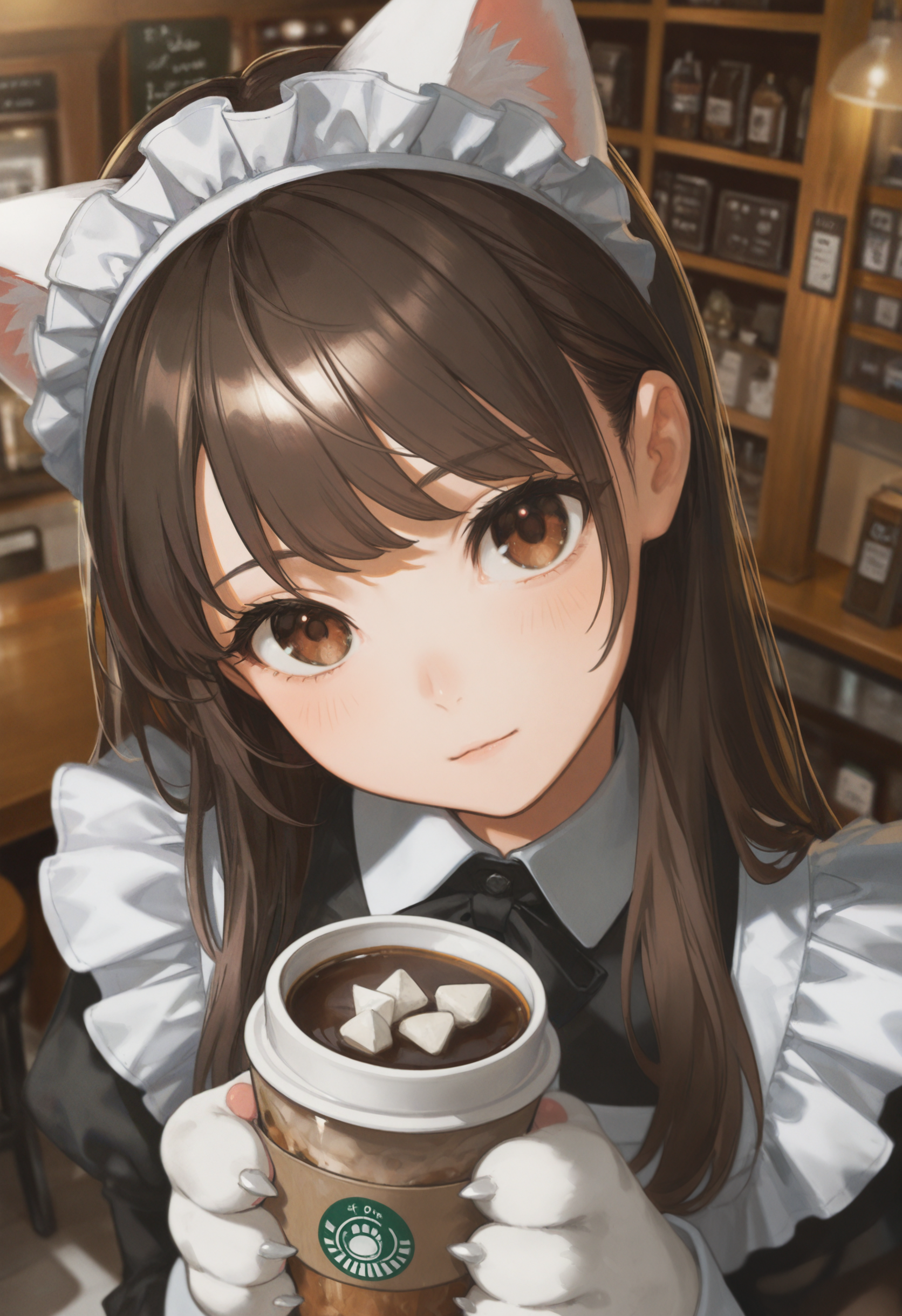 embedding:lazypos, day light, cocoa (drink), animal hands, paw, maid dress with cat ears, dark brown hair, long hair, brown eyes, coffee shop, loop hair, head tilt, dynamic zoom from above, zoom in face,artist:canned mackerel (pixiv)