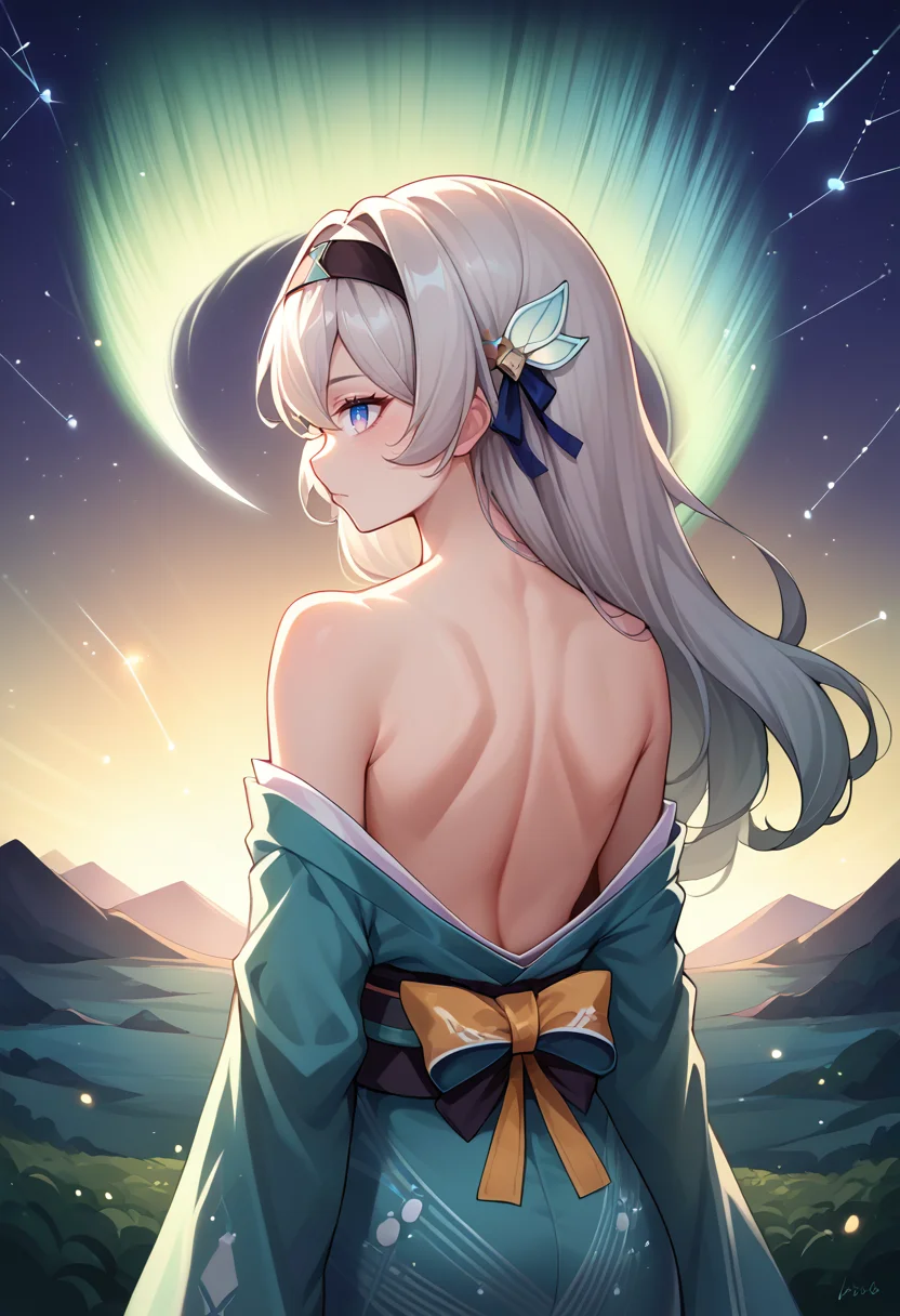 score_9, score_8_up, source_anime, 1girl, solo, FireflyHSR, blue pupils, long hair, black hairband, hair ornament, aurora, back, bare back, bare shoulders, constellation, from behind, kimono, light particles, long sleeves, off shoulder, <lora:ChamFireflyV2PonyXL:1>
