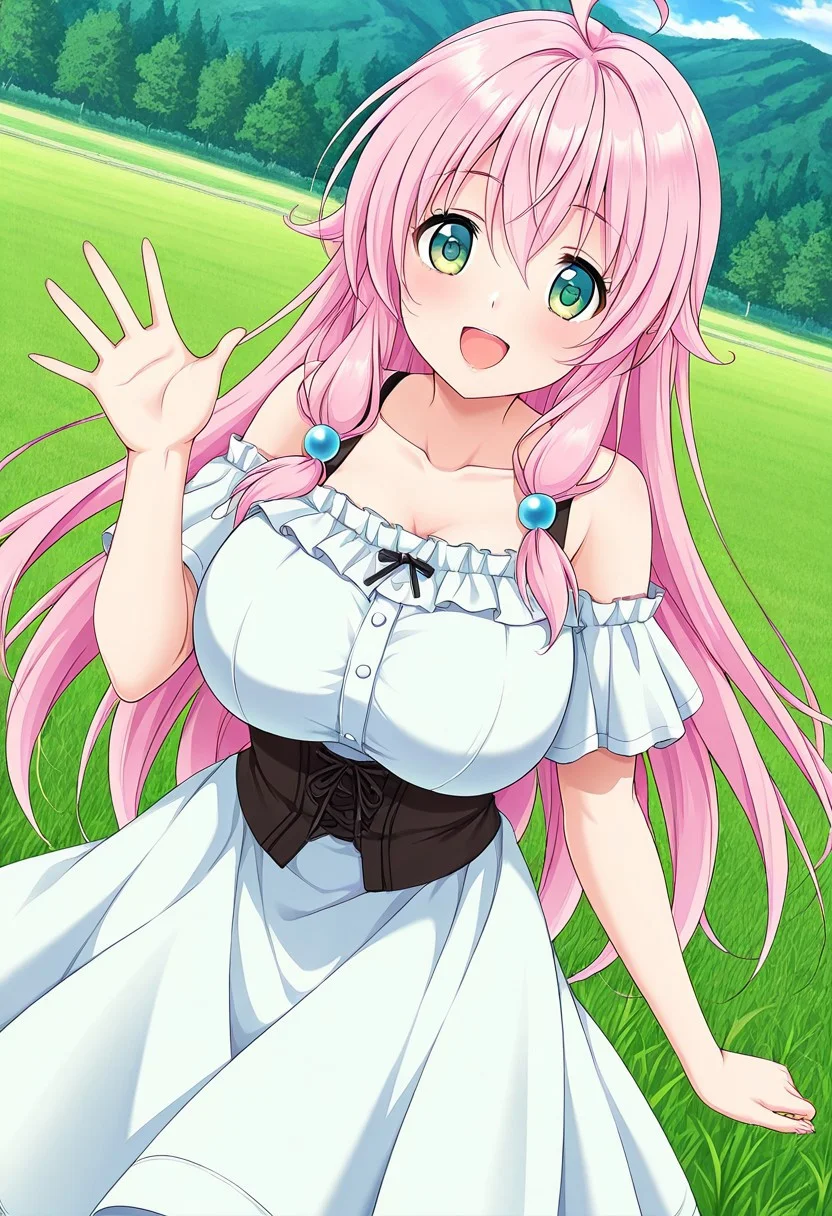 general,highres, ultra-detailed,very aesthetic,best quality ,best hands,best eyes,easynegative,
dynamic anglre, dutch angle, anime cloring,anime screencap,
1girl solo,looking at viewer,meadow, waving hand, smile, open mouth,
Save,pink_hair, long_hair, hair_ornaments,green_eyes, ahoge, huge_breasts,bare shoulders dress,