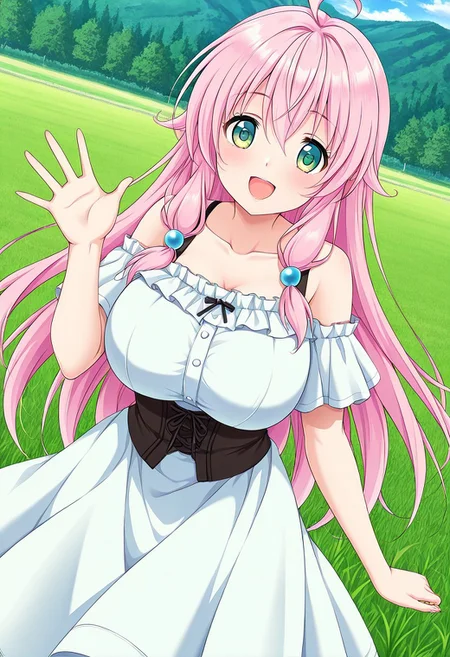 general,highres, ultra-detailed,very aesthetic,best quality ,best hands,best eyes,easynegative,
dynamic anglre, dutch angle, anime cloring,anime screencap,
1girl solo,looking at viewer,meadow, waving hand, smile, open mouth, 
Save,pink_hair, long_hair, hair_ornaments,green_eyes, ahoge, huge_breasts,bare shoulders dress,