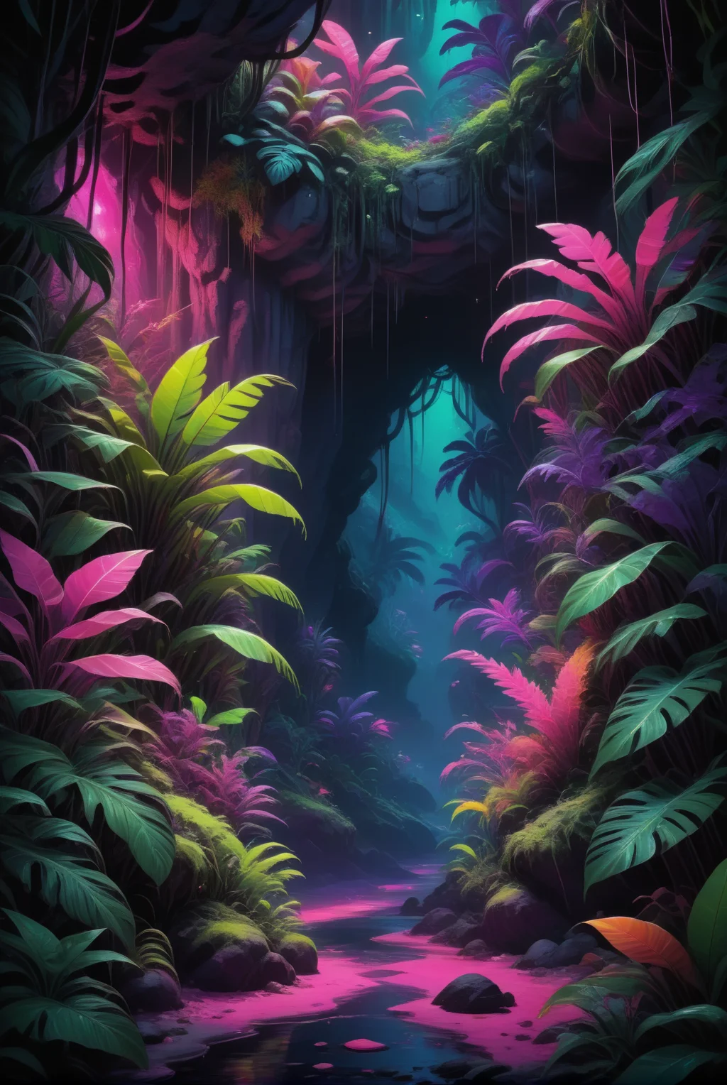 xl_kk, vibrant, enchanted cave, glowing plants and organisms, dark, pink and purple hues, neon green, tropical plants <lora:Saturated_Landscape_XL-KK:1>