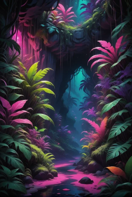 xl_kk, vibrant, enchanted cave, glowing plants and organisms, dark, pink and purple hues, neon green, tropical plants <lora:Saturated_Landscape_XL-KK:1>
