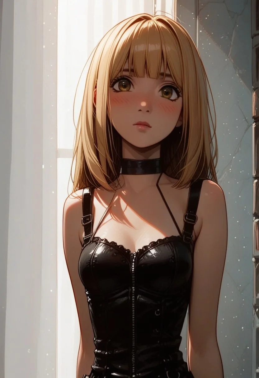 masterpiece,best quality, highly detailed, score_9, score_8_up, score_7_up, score_6_up,source_anime, BREAK, 1girl, misa amane, blonde, blunt bangs, bangs, brown eyes, slim body, perfect body, blush, pose, perfect ratio proportioned face, perfect waist to hip ratio, perfect female body, glossy skin, choker, medium breasts, misa_outfit_2