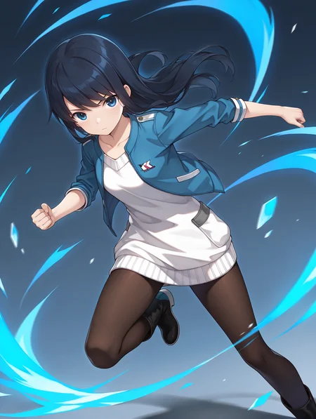 masterpiece,best quality,newest,
1girl,solo,
<lora:k_mutsumi_ilxl_v1.0:1>,k_mutsumi,black hair,long hair,blue eyes,
k_a_s,blue,sweater dress,black_pantyhose,boots,
<lora:Fixhands_anime_bdsqlsz_V1:1>,looking at viewer,(motion_blur:1.3),(motion line:1.2),(speed_lines:1.1),fighting_stance,standing,aura effect,high_kick,