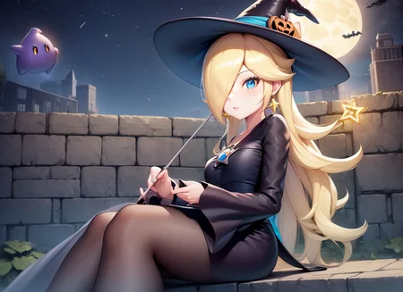 masterpiece, best quality, 1girl, solo, rosalina, luma, witch dress, witch hat, holding wand, sitting, brick wall, night, moon, starry sky <lora:Rosalina (Mario):1>