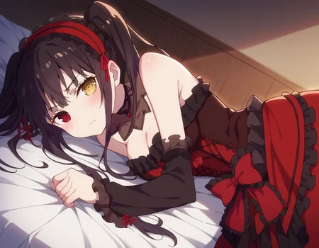 score_9, score_8_up, score_7_up, source_anime,
kurumitokisaki, <lora:kurumi-tokisaki-movie-ponyxl-lora-nochekaiser:1>,
kurumi tokisaki, black hair, red eyes, long hair,
twintails, yellow eyes, hairband, heterochromia, dress, red dress, bare shoulders, collarbone, choker, bowtie, red bowtie, detached sleeves, corset, frills, cleavage,
indoors, bed, bed room, on side, blush, drunk,
solo, dutch angle, looking at viewer, cowboy shot,