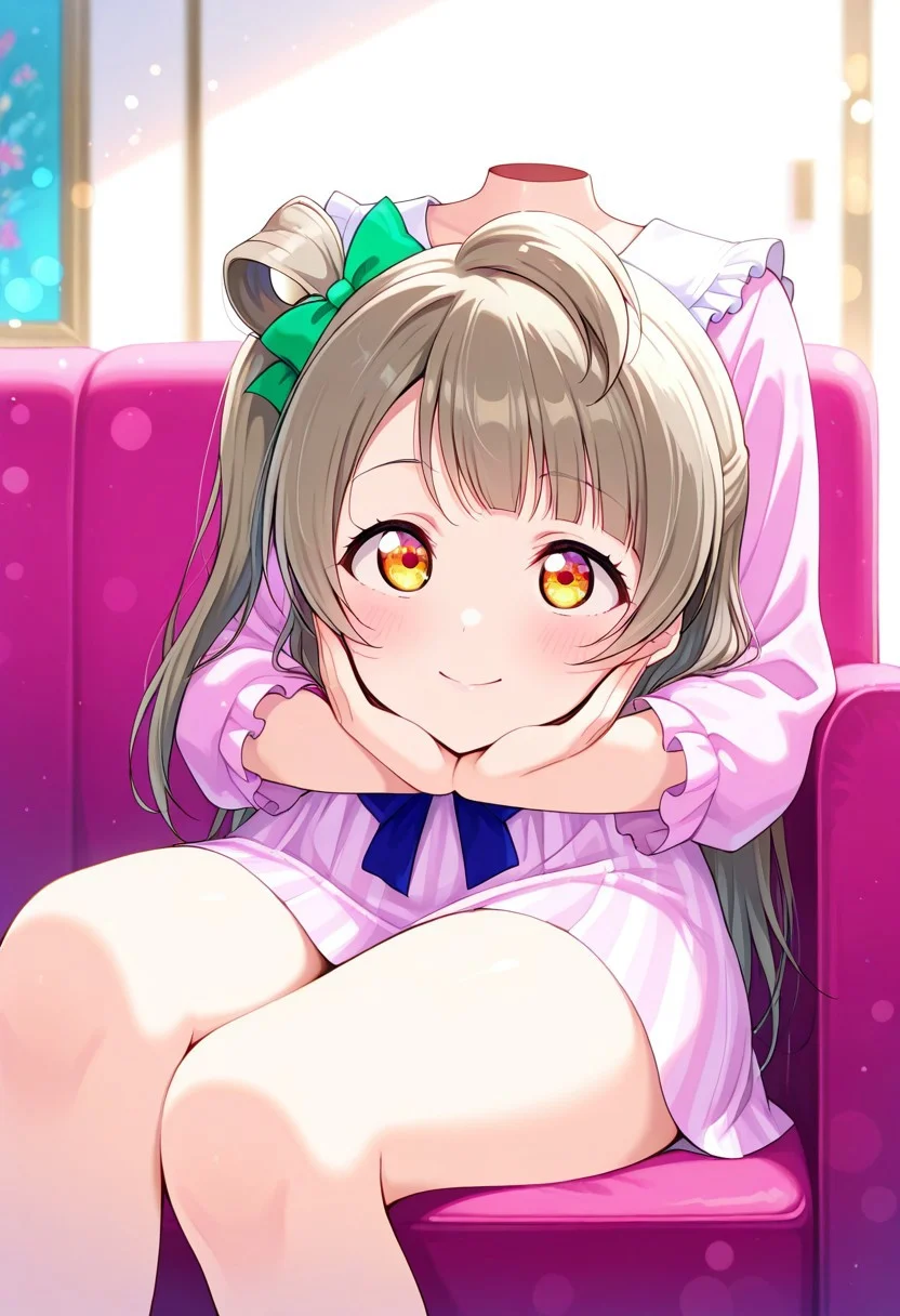 Masterpiece, ultra-detailed, best quality, 8K, illustration, absolutely eye-catching, 
1girl, solo, minami kotori, lovelive, disembodied head on the couch, surreal yet charming visual, turtle neck blouse, resting, cute, pink color palette, cute bow tie, BREAK, with a relaxed and alluring pose, 
vibrant colors, aesthetic, portrait, bokeh, disembodied_head_smooth_shoulder, headless