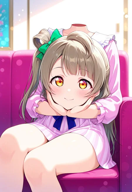 Masterpiece, ultra-detailed, best quality, 8K, illustration, absolutely eye-catching, 
1girl, solo, minami kotori, lovelive, disembodied head on the couch, surreal yet charming visual, turtle neck blouse, resting, cute, pink color palette, cute bow tie, BREAK, with a relaxed and alluring pose, 
vibrant colors, aesthetic, portrait, bokeh, disembodied_head_smooth_shoulder, headless