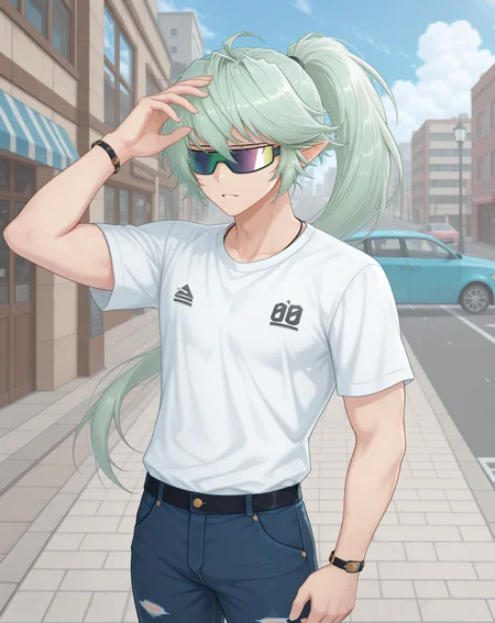 masterpiece,best quality,amazing quality, newest, very aesthetic, absurdres,
1boy, solo, yaoi, male focus, looking at viewer, cowboy shot, standing,
<lora:Zero_Summer_ilxl:1> zerotsummer, pointy ears, sunglasses, long hair, ponytail, green hair,
white shirt, jeans, sneakers,
outdoors, day, blue sky, building, street, road, lamppost, car,