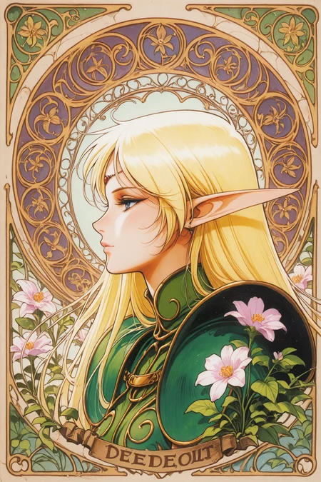 Deedlit,pointy ears,1girl,Deedlit,elf,blonde hair,long hair,solo,art nouveau,flower,profile,blue eyes,portrait,retro artstyle,traditional media,
<lora:yuuki nobuteru_illustriousXL_v2:0.8>,