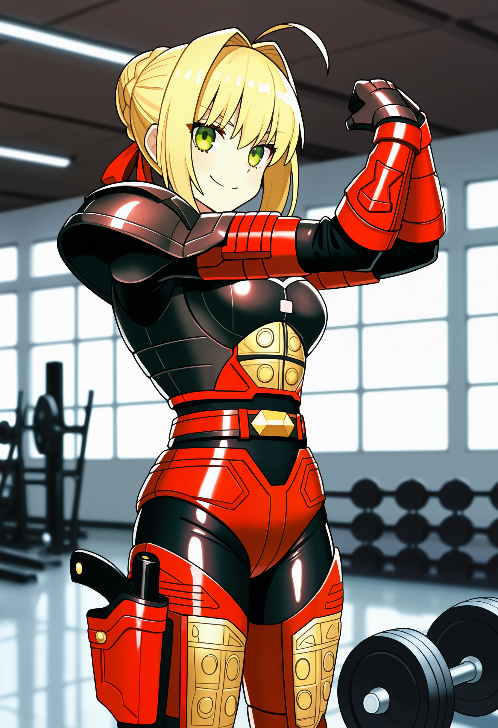 1girl, solo, R3ddle, armor, bodysuit, shoulder pad, gloves, belt, holster, shiny clothes, nero claudius (fate), blonde hair, green eyes, flexing, looking at veiwer, smile, cowboyshot,
indoors, gym,
best quality, very aesthetic, masterpiece,