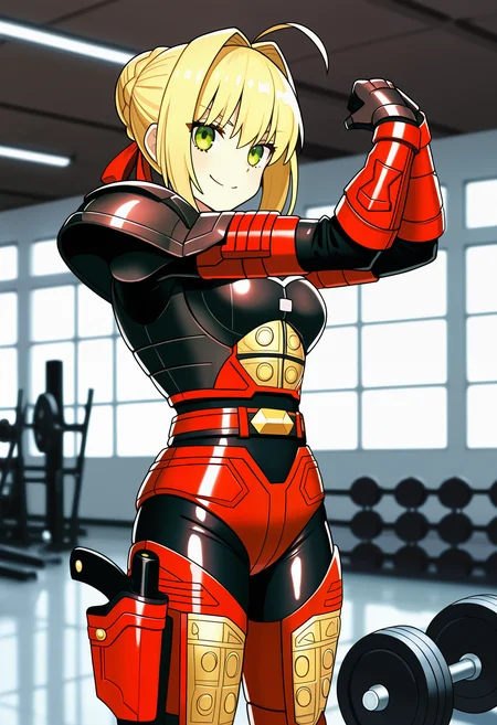 1girl, solo, R3ddle, armor, bodysuit, shoulder pad, gloves, belt, holster, shiny clothes, nero claudius (fate), blonde hair, green eyes, flexing, looking at veiwer, smile, cowboyshot,
indoors, gym,
best quality, very aesthetic, masterpiece,