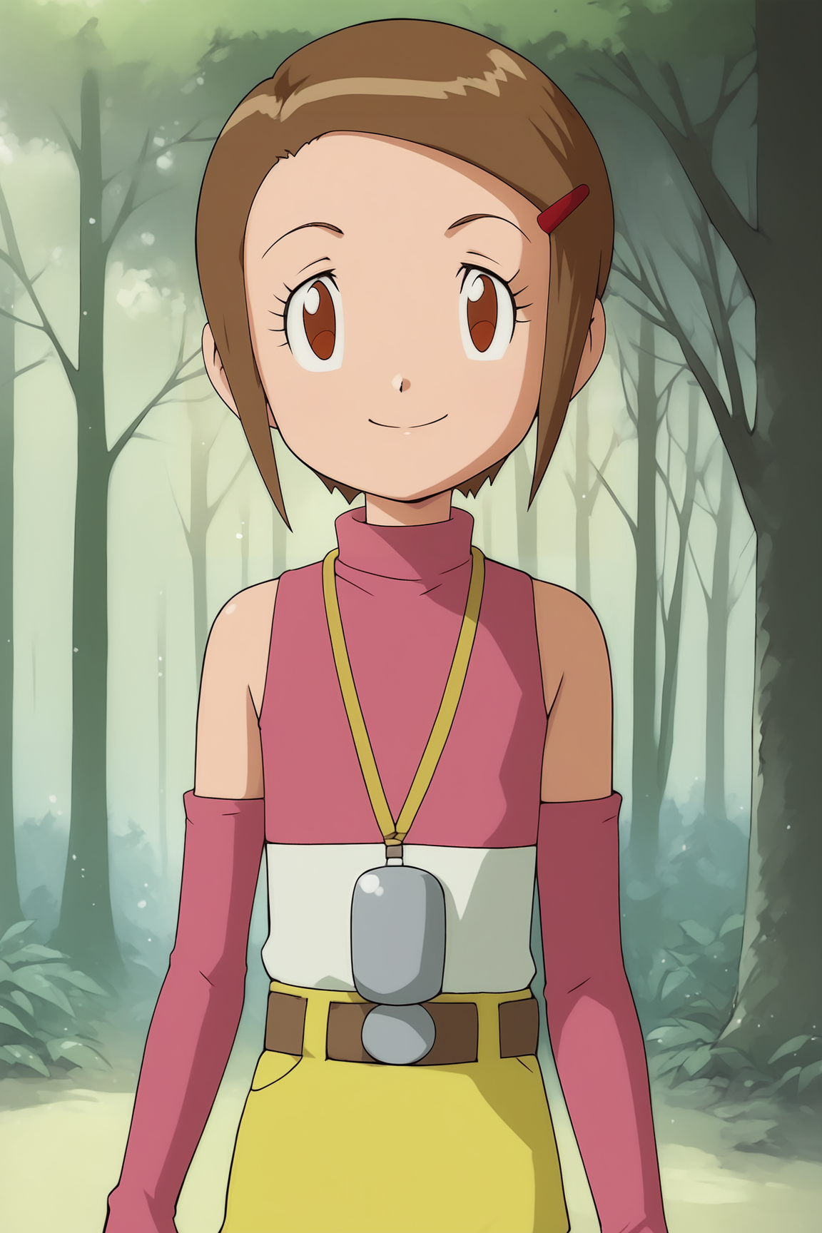 score_9, score_8_up, score_7_up, score_6_up, BREAK, KariDA2PXL, brown eyes, brown hair, short hair, red hairclip, flat chest, yellow necklace, pink shirt, detached sleeves, pink elbow gloves, fingerless gloves, belt, yellow shorts, short shorts, solo, front view, (portrait, upper body), solo focus, seductive smile, looking at viewer, forest, tree <lora:KariDA2PXL:1>