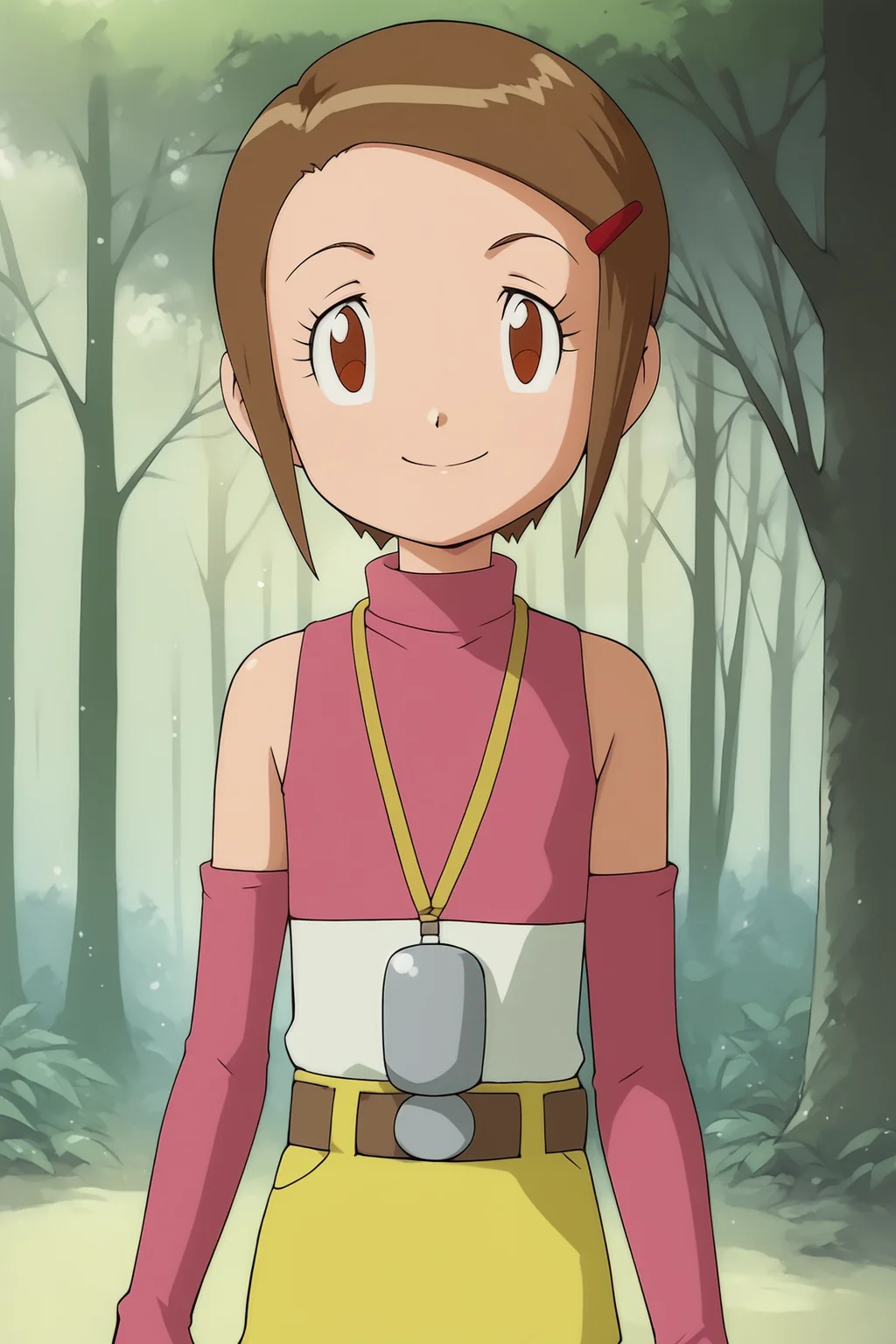 score_9, score_8_up, score_7_up, score_6_up, BREAK, KariDA2PXL, brown eyes, brown hair, short hair, red hairclip, flat chest, yellow necklace, pink shirt, detached sleeves, pink elbow gloves, fingerless gloves, belt, yellow shorts, short shorts, solo, front view, (portrait, upper body), solo focus, seductive smile, looking at viewer, forest, tree <lora:KariDA2PXL:1>
