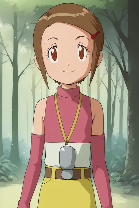 score_9, score_8_up, score_7_up, score_6_up, BREAK, KariDA2PXL, brown eyes, brown hair, short hair, red hairclip, flat chest, yellow necklace, pink shirt, detached sleeves, pink elbow gloves, fingerless gloves, belt, yellow shorts, short shorts, solo, front view, (portrait, upper body), solo focus, seductive smile, looking at viewer, forest, tree <lora:KariDA2PXL:1>
