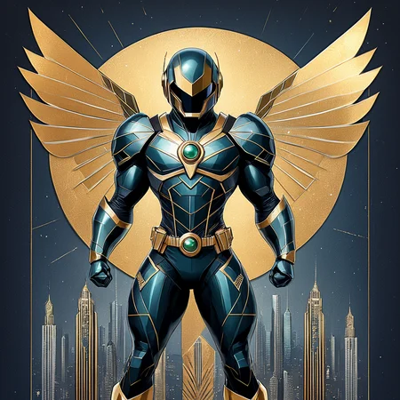 ArsMJStyle, Art Deco, <lora:add-detail-xl:1.2>, <lora:Art_Deco:1>, Art Deco-inspired superhero, costume incorporating geometric patterns and metallic elements. Backdrop of stylized city skyline, dynamic pose emphasizing strong silhouette. Ray gun with chrome finish, helmet with wings motif. Comic book cover layout with bold typography, color scheme of gold, silver, and deep jewel tones.