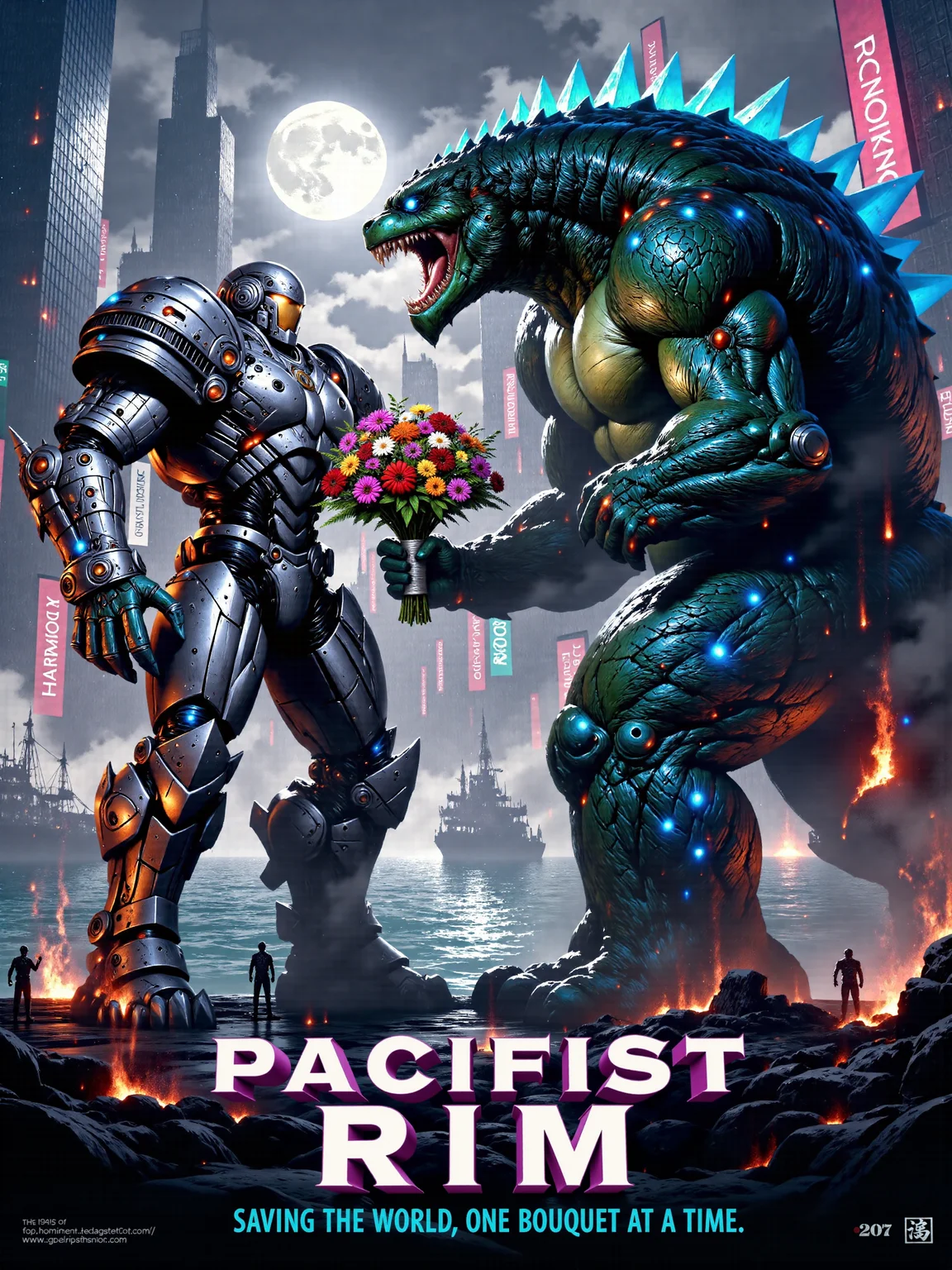 highly detailed cinematic movie poster with the text "PACIFIST RIM" in a bold, vibrant sci-fi-style font at the top and a tagline reading "Saving the world, one bouquet at a time" below it, with the movie credits at the bottom, in the foreground, a gigantic tailless humanoid bipedal mecha-robot and an equally massive kaiju with blue-green iridescent scales and bioluminescent accents stand face-to-face, the enormous mecha on the left is clad in battle-worn yet gleaming metallic armor plates, holding out a large bouquet of exotic, colorful flowers to the kaiju on the right, the kaiju looks surprised by the gesture, its grotesque, otherworldly, surreal form equipped with a row of cyan glowing crystalline spikes along its back, the setting is an urban waterfront, framed by towering skyscrapers and a shimmering ocean with soft waves behind them, the background is bathed in the glow of moonlight and flickering neon billboards with messages like "HARMONY" and "PEACE," tiny people on the ground below snap photos with their phones, while some onlookers stare in disbelief, behind the two titanic figures, the calm ocean glistens under the moonlight as distant ships drift by, the robot's posture is calm and serene, its large claw-like hands extended as it presents the bouquet, both figures express an aura of peace and harmony despite their intimidating size, the monstrous kaiju, though menacing, is curious and seemingly receptive to the offering, the overall mood is tranquil, a wide-angle shot captures both the robot and kaiju in their full, towering forms, emphasizing their colossal scale against the peaceful cityscape backdrop, the waterfront and moonlight add depth, while a low-angle shot looking up at the robot and kaiju further enhances their imposing size, the lighting is vibrant and saturated, with soft moonlight reflecting off the robotâs metallic surface, neon city lights providing colorful accents, lens flare, dappled lighting, mythp0rt, df_style, <lora:style-dark_fantasy-flux-by_crash:0.88> <lora:style-velvet's_mythic_fantasy-flux-by_velvets:0.92> <lora:image_enhancer-flux-by_dever:0.6>
