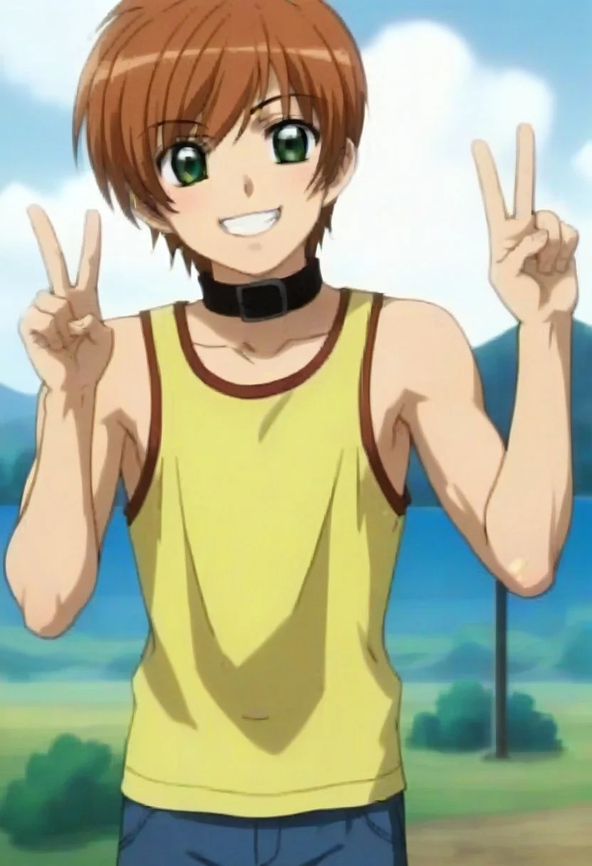 ((masterpiece)), ((best quality)), ((ultra-detailed)), ((absurdres)), score_9_up, score_8_up, score_7_up,
HD, top quality, best quality, amazing quality, High-quality illustrations, anime screencap, source_anime, best aesthetic, perfect proportions, perfect eyes, 1boy, 1male, solo boy, solo male, male focus, solo male focus, Anime, boy, male anime character, anime boy, handsome, attractive, cute, charming, sexy, hot, ((tall, tall height, tall body)), ((slim body, slim body), ((cowboy shot, half body shot, head to hips shot, close up shot)), Keita Kawahira, brown-orange hair, green eyes, neck collar, yellow tank top, blue pants, big smile, smile with teeth, energetic, peace gesture,✌️ gesture, ((cute pose))