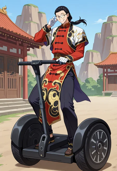 segw4y, riding segway, on segway, 1boy, solo, rwongpsytkt, black hair, low ponytail, black eyes, glasses, round eyewear, open jacket, chinese clothes, long sleeves, gloves, belt, pants, shoes, outdoors, evil smile, adjusting eyewear,
