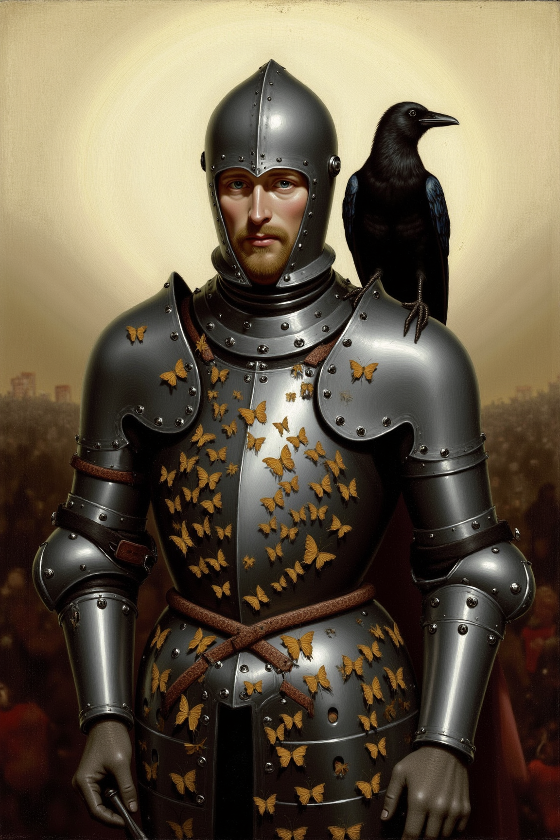 yfg-p@int, **Portrait painting** of a medieval knight in full armor, standing on the battlefield surrounded by carnage, the knight is covered in Lepidoptera, there is a crow sitting on the knight's shoulder, captured with an **Expressionist** style and a **Flat brush**, set the stroke to **heavy** for **atmospheric effect**. The composition should focus on **rule of thirds**, placing the knight off-center to create tension, set the color balance to **warm tones**. Additional elements like **shadows** and **rim lighting** can be used to add depth and emphasis to the subject.