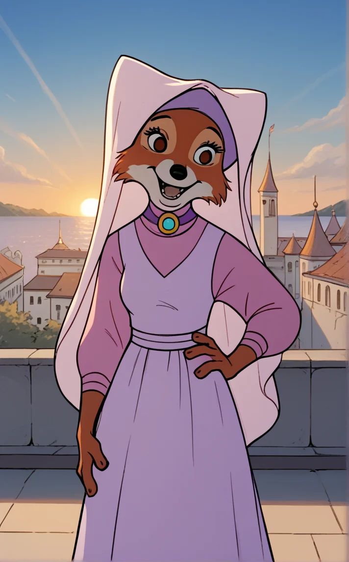 score_9, score_8_up, score_7_up, absurdres,contrapposto, hand on hip, sunset, sidelighting, cityscape, vanishing point, outdoors, depth of field, solo, looking at viewer, <lora:PONYXL_RobinHood_MaidMarian_ownwaifu:1> BREAK MainOutfit_MaidMarian_ownwaifu, 1girl, fox girl, animal nose, brown eyes, furry female, orange fur, habit, two-tone fur, white fur, body fur, snout, purple dress, veil, brooch, purple shirt, jewelry, puffy sleeves, hood up, long sleeves, puffy long sleeves, long dress, fangs, pinafore dress, gem, fox tail, blue gemstone, pink headwear, purple collar, tail, hooded cloak, breasts, turtleneck, medium breasts, <lora:add-detail-xl:0.15>,