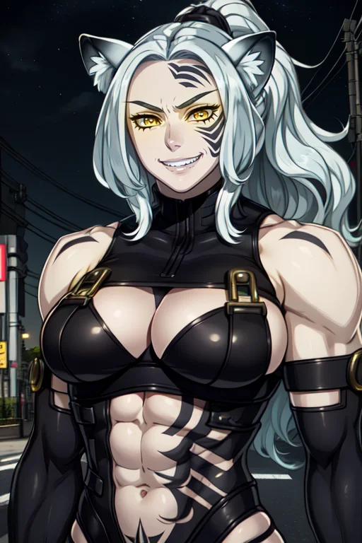 sandy, white hair, animale ears, animal ear fluff, left face tattoo yellow eyes, abs, muscular,ponytail tattoo,
elbow gloves, black bodysuit, black thighhighs, tight, clothing cutout,
standing, upper body,
night, streets, tokyo, solo,
(insanely detailed, beautiful detailed face,beautiful detailed eyes, masterpiece, best quality) cinematic lighting, grin
<lora:sandyMB-10:0.7>