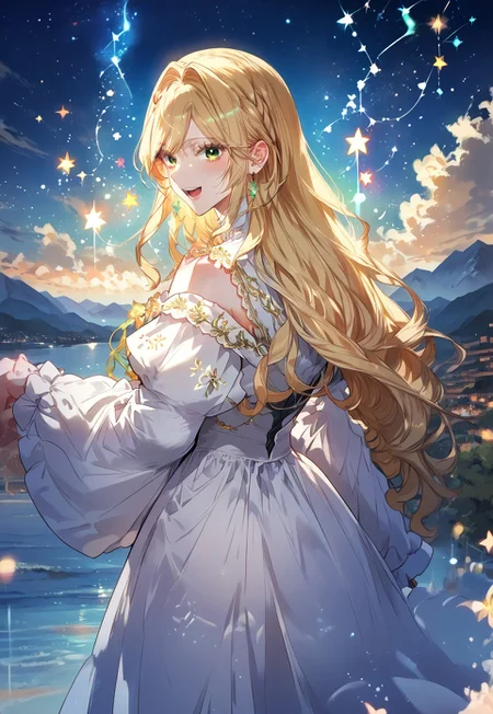 zPDXL3, score_9_up, score_8_up, score_7_up, (Anime_source), AriaRoscente, green eyes, blonde hair, long hair, white old dress, cowboy shot, looking at viewer, looking back, smile, open mouth, blush, happy, night skypast, stars, cloudy, standing on mountain