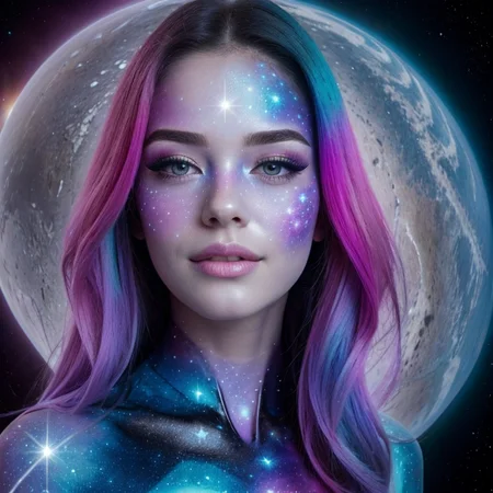 A close up portrait of a fantasy image of a woman's outline containing the entire galaxy inside of her, (galaxyma, galaxy makeup) <lora:GalaxyMakeup:0.4>, (transparent skin) <lora:Galaxy_Girl-V02:0.4>, outer space background, perfect hair