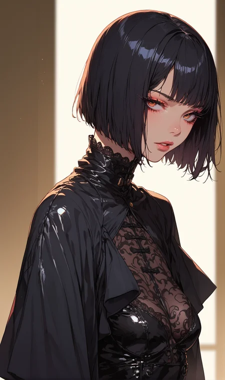 score_9, score_8_up, score_7_up, score_6_up, source_anime, high res image,masterpiece,best quality, 1 girl, shiny skin, ultra HD detailed,simple background, medium breasts, black hair, bob cut, eyelashes, <lora:Sinozick_Style_XL_Pony:0.8> sinozick style, flat color, dark theme, blurry background, skindentation
