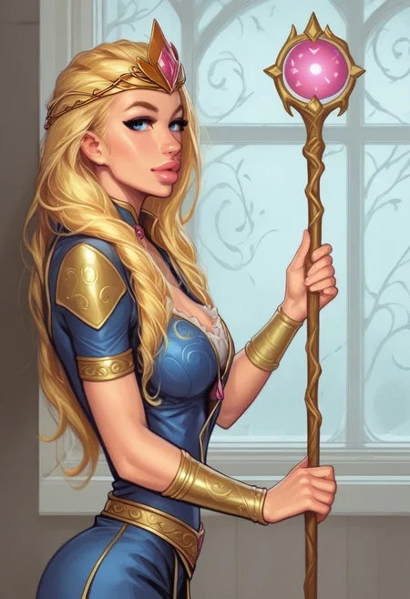 1girl, (((side view))), from front, solo, illustration, comic style, highly detailed, skinny, model body, looking at viewer, masterpiece, best quality, 1girl, masterpiece, best quality, fayenchantress, 1girl, solo, blonde hair, long hair, blue eyes, (young beauty, fit body:1.3), ((((magic shining orb in staff right hand, opened magic book in left hand)))), ((((full magic clothes, tiara)))), dynamic pose
<lora:FayEnchantress:0.9>
BREAK
(((dark magic Observatory inside, night sky in window:1.6)))) score_9, score_8_up, score_7_up, score_6_up, source_cartoon, rating_explicit, Expressiveh, ((((upper body))))), dynamic pose