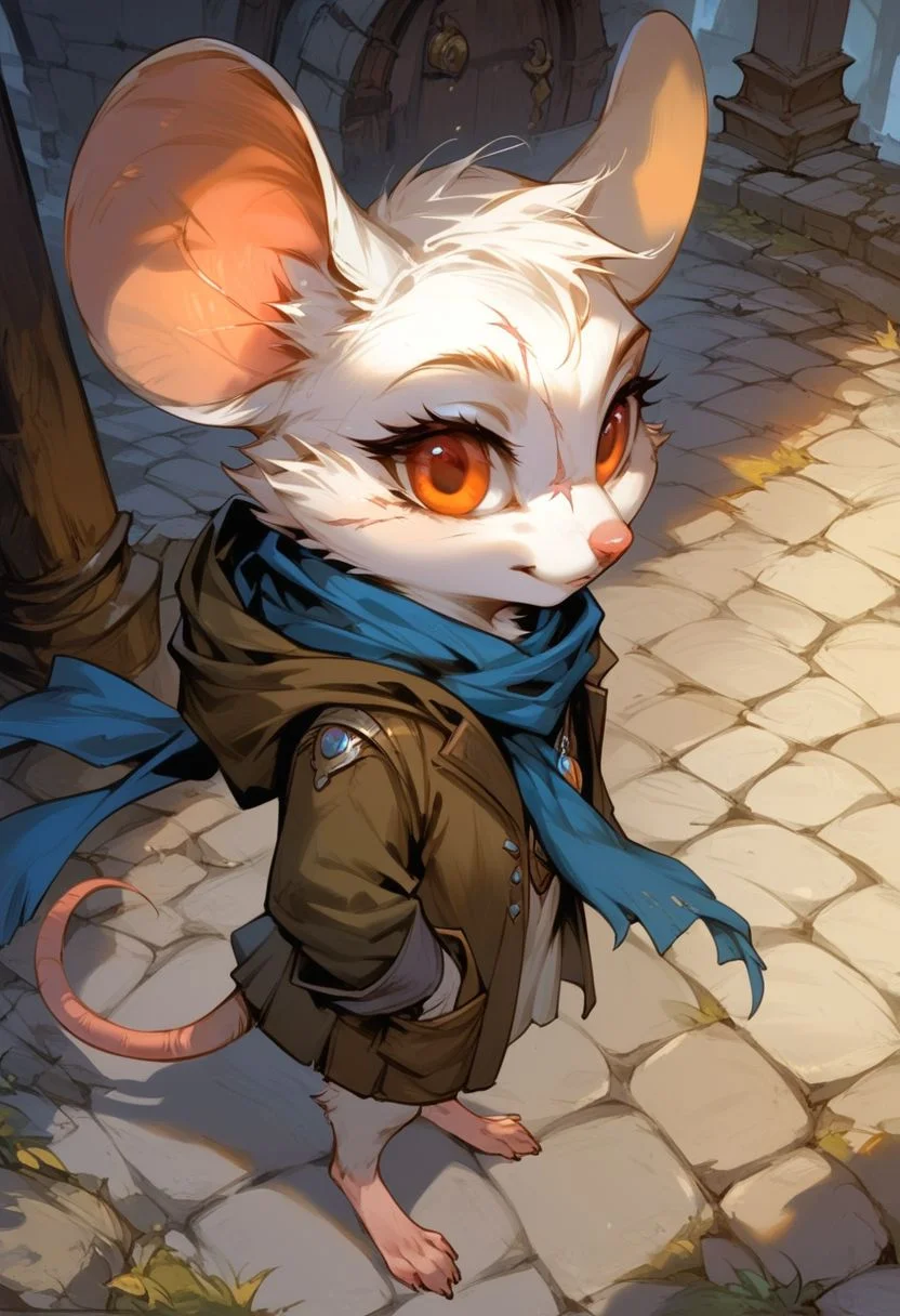 Expressiveh, extremely detailed, score_9, score_8_up, score_7_up, zPDXL2, detailed background, concept art, realistic, solo, anthro mouse girl, (tiny:1), cute, orange eyes, hooded, blue scarf, scarf flowing in wind, ruin background, holding sword handle, cobblestone floor, coat, tunic, scar on eye, white fur, bottomless, barefoot, ((from above:1.2)) night, g0thicPXL, cloaked in shadows, from side