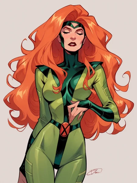 score_9, score_8_up, score_7_up, score_6_up, score_5_up, <lora:JeanGreyXLP:1> jean grey, 1girl, long hair, orange hair, green bodysuit