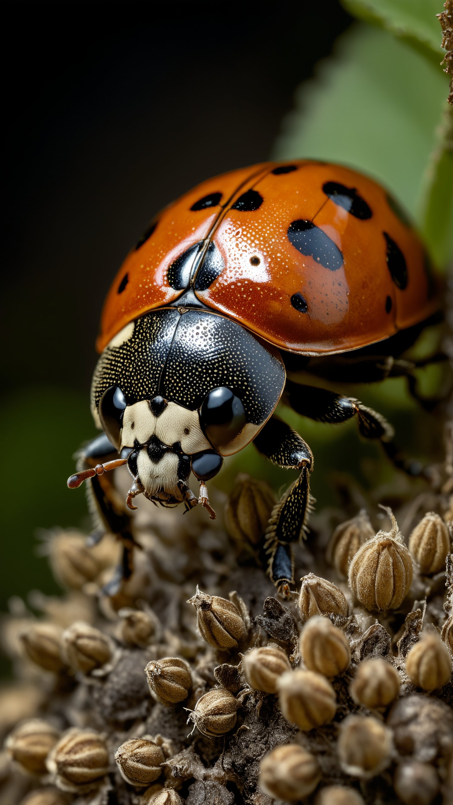 art by David Palumbo, Denis Sarazhin, Photograph, close up of a Ladybird, Victorian Gothic Art, Nikon Z9, 80mm, gritty, monochromatic, RAW photo, ultra detailed