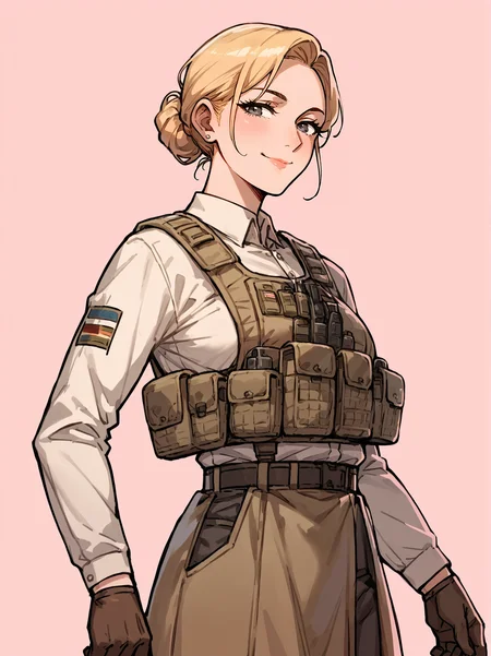 score_8_up, score_7_up, score_6_up, source_anime, 1girl, solo, simple background, pink background,
standing, pose, contrapposto, arched back, cowboy shot, facing viewer
smile, mature female, blonde hair
platecarrier <lora:Plate_Carrier:1>
tactical clothes