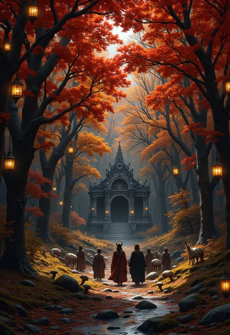 In a vast forest where autumn never ends, the trees are perpetually adorned with leaves in shades of red, orange, and gold. The ground is covered in soft, crunchy leaves, and the air is crisp with the scent of pine and wood smoke. In the heart of the forest, an ancient stone temple stands surrounded by towering oaks and weeping willows. The temple is covered in intricate carvings of mythical beasts and symbols of the forest gods. A stream winds through the forest, its waters shimmering with magic and its banks lined with mushrooms that glow in the twilight. In the trees, small winged creatures with glowing eyes dart between branches, and gentle deer with antlers of silver graze peacefully on the soft moss. The soft glow of lanterns hangs from the trees, casting a warm, inviting light. A group of druids walks along the forest path, their robes made of woven leaves and vines, as they perform a ritual to honor the spirit of the forest.