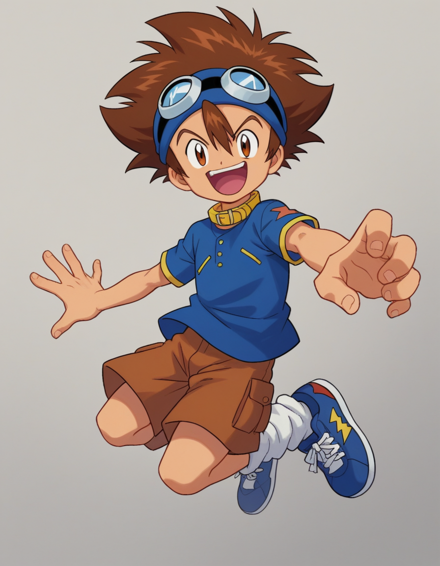 zPDXL, score_9, score_8_up, score_7_up, source_anime,
<lora:Digimon_v2-15:0.8> digimon, 1boy, solo, taichi, brown hair, spiked hair, hair between eyes, goggles on head, goggles on head, blue shirt, yellow collar, brown shorts, white socks, loose socks, white and blue sneakers, short sleeves, happy, jumping, action,