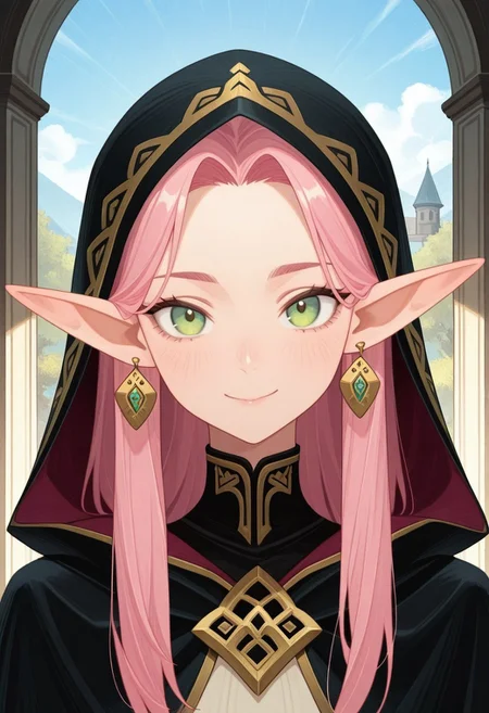 masterpiece, best quality, amazing quality,,<lora:afkArenaIllustrious:1>
afkarenastyle,
1girl, female elf, solo, portrait, female focus, pink hair, green eyes, slim, long hair, light skin, smile, looking at viewer, outdoors, beautiful, black cloak with gold trimming, earrings, indoors, arcane library