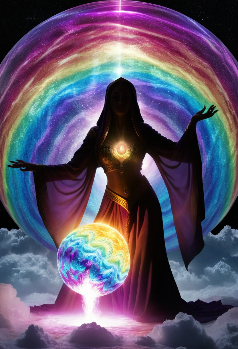 Chiaroscuro. Towering a female wizard with flowing robes (jasmine from aladdin) mage silhouette of swirling iridescent shadows rippling with kaleidoscopic glow. Chest fissure reveals a radiant core bursting with gold, magenta, and electric blue. Surreal expanse of jagged crystalline magic ball shimmering with neon bioluminescence. Stormy skies alive with auroras and prismatic bursts casting rainbow patterns. Molten rivers of liquid light glow with purple and gold <lora:PornMaster-Fantasy style-V1:0.7>