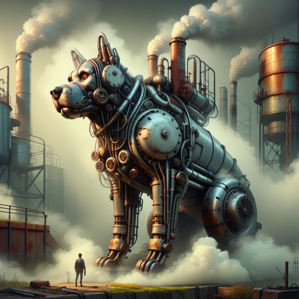 Score_9,Score_8, industrial world, fog, steam, giant dog made of machinery