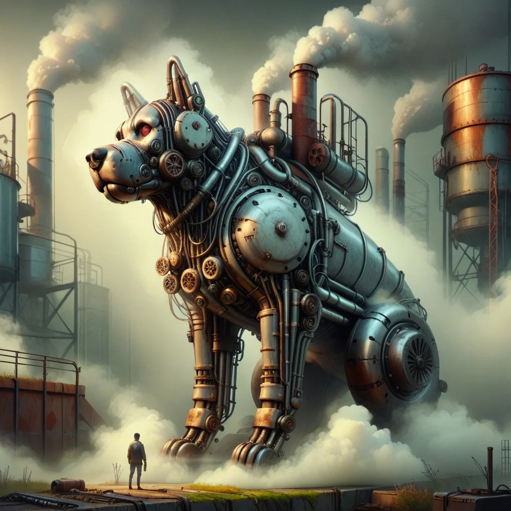 Score_9,Score_8, industrial world, fog, steam, giant dog made of machinery
