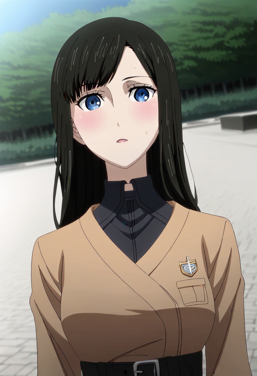 Ultra-high-detailed Anime illustration of Kagari Shiina. The artwork features Kagari in a solo, face focus, upper body, standing position with a outdoors, street background. She is depicted with intricate details showcasing her big_breasts, natural_breasts. She is a white skinned, 22 years old woman. Kagari is looking_at_viewer with perfect_eyes, Her pupils are highly detailed. The eyes are open. blue eyes. Kagari's eyes are highlighted. Highlighted eyevrows. She has long_hair, red_hair styled in floating_hair, shiny_hair and bangs. She is wearing a  motorcycle suit, black_motorcycle suit, full body motorcycle suit with black gloves, black belt and black shoes. The artistic style is intricate_details_xl with a focus on Anime art. The color palette emphasizes red and black with detailed strokes to bring out the character's features. The lighting creates dramatic shadows and highlights, adding depth to the artwork. The perspective is from a face focus, dutch angle to enhance the impact of the character's expression. This masterpiece is a true portrayal of Kagari's complex personality and will captivate any fan of Kagari.