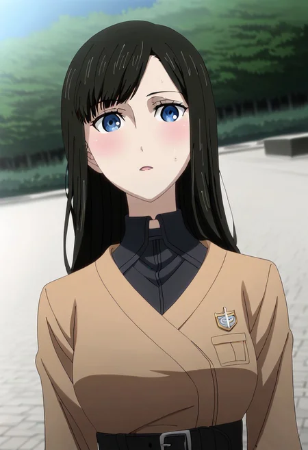 Ultra-high-detailed Anime illustration of Kagari Shiina. The artwork features Kagari in a solo, face focus, upper body, standing position with a outdoors, street background. She is depicted with intricate details showcasing her big_breasts, natural_breasts. She is a white skinned, 22 years old woman. Kagari is looking_at_viewer with perfect_eyes, Her pupils are highly detailed. The eyes are open. blue eyes. Kagari's eyes are highlighted. Highlighted eyevrows. She has long_hair, red_hair styled in floating_hair, shiny_hair and bangs. She is wearing a  motorcycle suit, black_motorcycle suit, full body motorcycle suit with black gloves, black belt and black shoes. The artistic style is intricate_details_xl with a focus on Anime art. The color palette emphasizes red and black with detailed strokes to bring out the character's features. The lighting creates dramatic shadows and highlights, adding depth to the artwork. The perspective is from a face focus, dutch angle to enhance the impact of the character's expression. This masterpiece is a true portrayal of Kagari's complex personality and will captivate any fan of Kagari.