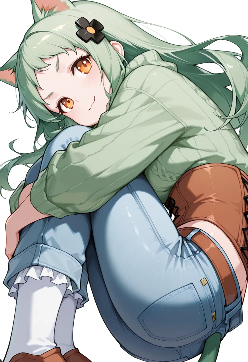 masterpiece,high quality details, absurdres,
curled fetal position, knees to chest, arms wrapped around shins ,
<lora:Mao_Kusagakure:0.8>
mao_cnr, 1girl, green hair,long hair,orange eyes, cat ears,cat tail,hair ornament,, c:,, simple background, white background, from behind,solo,, corset,oversized sweater ,rolled-up jeans, ,frilled legwear kneehighs,