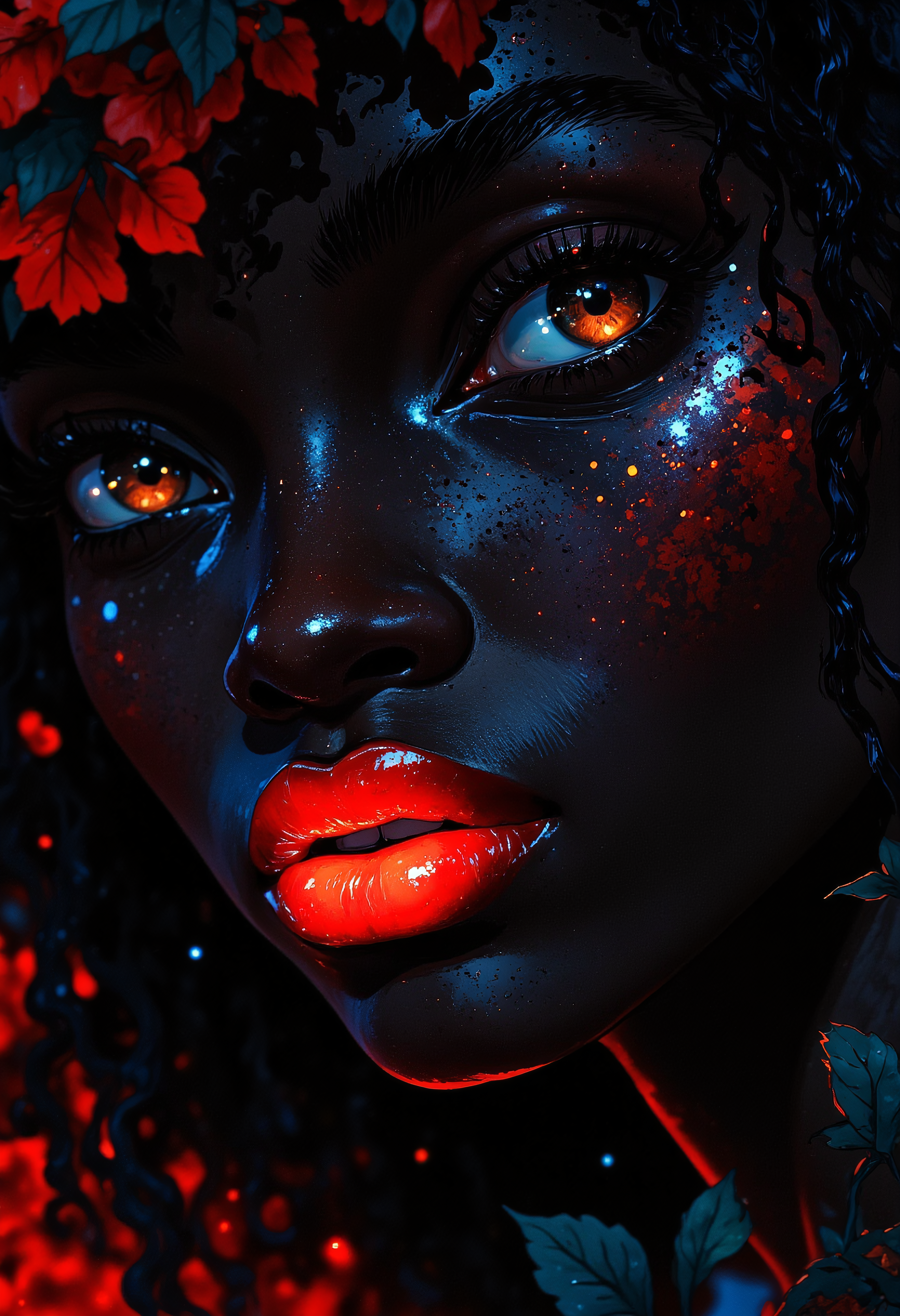 An extreme closeup face of an African woman with midnight black skin, wearing a glowing bright red lipstick, bright brown eyes, looking directly at the viewer, the bright red lipstick is a stark contrast to her dark skin, face fills out the frame, dark and light contrast, fashion photography, fantasy