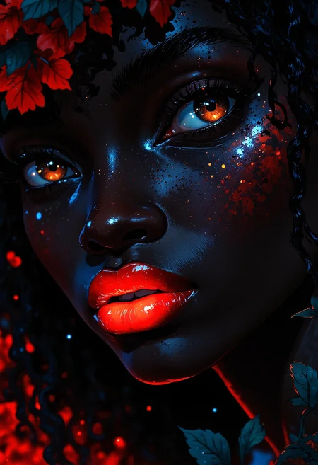 An extreme closeup face of an African woman with midnight black skin, wearing a glowing bright red lipstick, bright brown eyes, looking directly at the viewer, the bright red lipstick is a stark contrast to her dark skin, face fills out the frame, dark and light contrast, fashion photography, fantasy