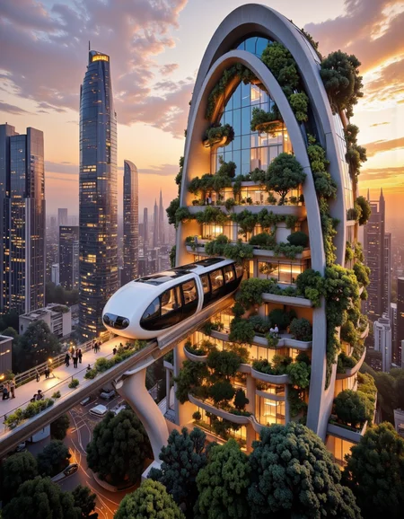 Futura. A photo-realistic shoot from a bird's eye view about a futuristic building with a vertical garden and a monorail, set in a cityscape at sunset. the image also shows a futuristic cityscape with tall buildings, skyscrapers, and greenery. on the center of the image, a tall, curved building with green plants growing on its exterior, a futuristic monorails with people walking along it, and a reflection of the surrounding greenery on its surface. the building has multiple floors and multiple balconies, and the train is visible in the foreground. the sky is illuminated with warm, orange hues from the setting sun, creating a serene atmosphere. <lora:Futura-000005:1>